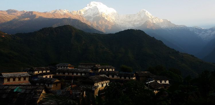 Ghandruk village with Annapurna Himalayan rage on background 