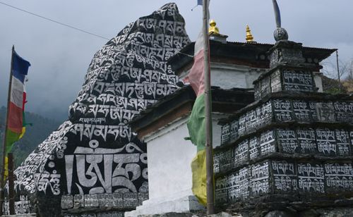 Mani wall & stone on the way to Lukla to Phakding with Buddhist holy texts. 